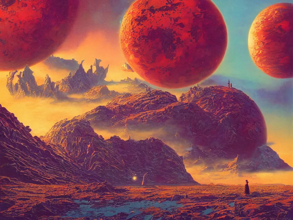 Image similar to a strange planet, by bruce pennington, by sam freio, by thomas rome, by victor mosquera, juxtapoz, behance, prismatic, iridescent