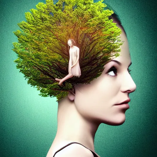 Prompt: woman with tree growing out of her head, beautiful, artistic, digital art