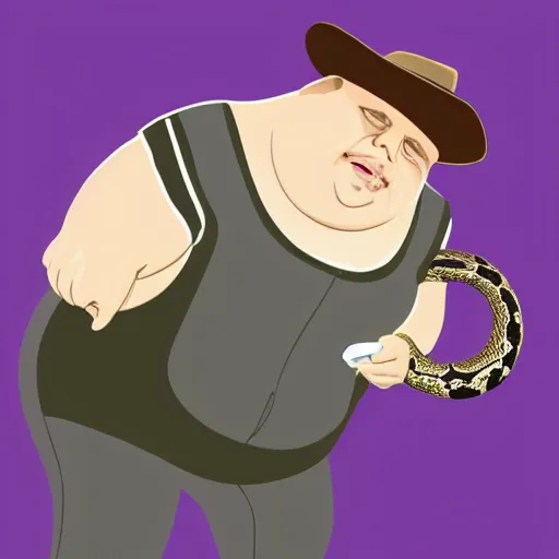 Prompt: hyperreal morbidly obese 2000kilo snake oil salesman wearing authentic purple green sip tech cowboy augmentation and curly snake moustache, fat man standing in front of blank background