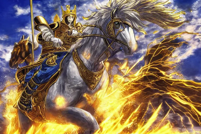 Image similar to an ultra detailed portrait of king richard the lionhearted as a shonen anime protagonist charing into battle wearing bright gold armor and riding a horse bless by god, 8 k, volumetric lighting, art by kentaro miura and akira toriyama