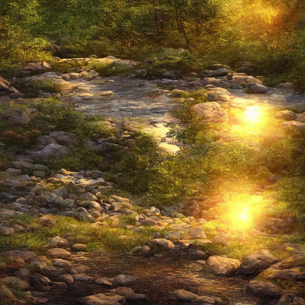 Prompt: Hidden campsite by a creek in the Blueridge mountains, photorealistic, sunset