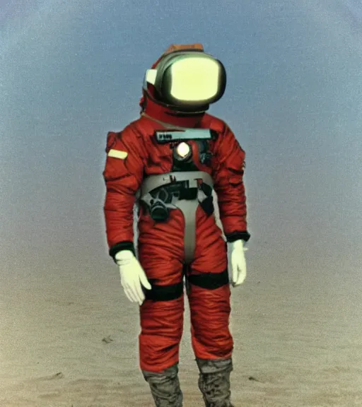 Image similar to A photo taken at night of 1980s VR spacesuit designed by US Army, scary athmosphere, dark, single vague light, desert military base, desatured colors, slightly old Polaroid photo found in the attic