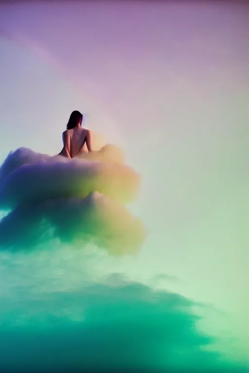 Image similar to high quality pastel coloured film close up wide angle photograph of a model wearing clothing swimming on cloud furniture in a icelandic black rock!! environment in a partially haze filled dreamstate world. three point light, rainbow. photographic production. art directed. pastel colours. volumetric clouds. pastel gradient overlay. waves glitch artefacts. extreme facial clarity. 8 k. filmic.