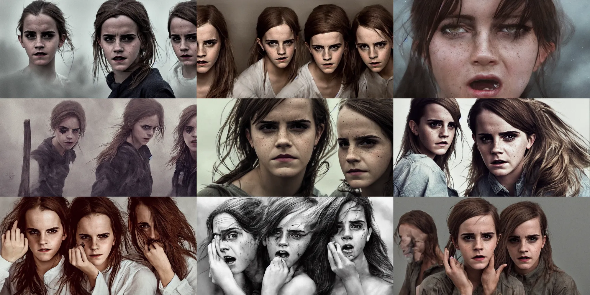 Prompt: portrait emma watson identical twins furious angry screaming greg rutkowski!!! greg rutkowski!!! canon eos david bailey!!! david bailey!!!! corinne day cinematic filmic photorealistic hyperdetailed