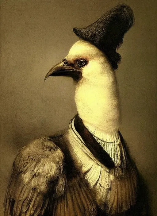 Prompt: beautiful portrait painting of an elegant bird wearing a suit,,,, by rembrandt