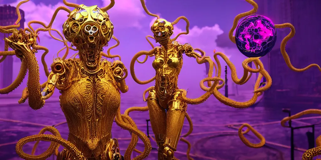 Prompt: a photo of 8 k ultra realistic corrupted lovecraftian golden humanoid queen standing next to a pink and blue solarpunk city, 8 intricate white and gold tentacles, ornate white and gold armour, cinematic lighting, trending on artstation, 4 k, hyperrealistic, focused, extreme details, unreal engine 5, cinematic, masterpiece