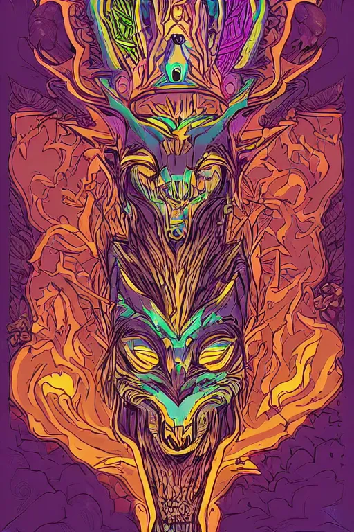 Image similar to animal mask totem roots flower tribal feather gemstone plant wood rock shaman vodoo video game vector cutout illustration vivid multicolor borderlands comics by josan gonzales and dan mumford radiating a glowing aura