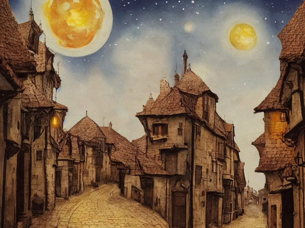 Prompt: moonlit medieval city street, moon covered with long horizontal clouds, natural colors, medieval painting