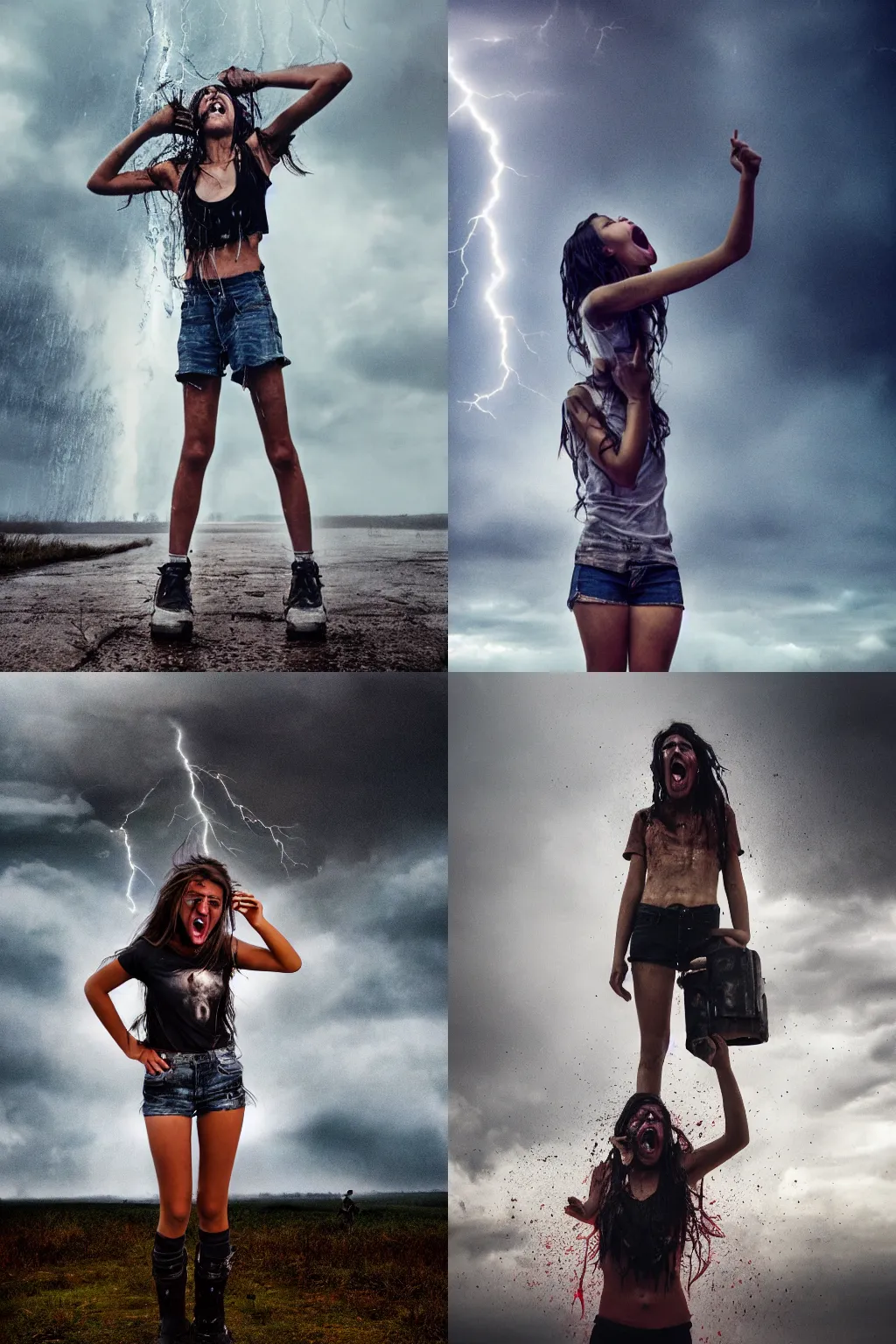 Prompt: apocalyptic photograph of a teenage girl screaming face toward the camera wearing wet and ripped!!! shirt and shorts with a towering robot!!! standing on the horizon, fear, skin, atmospheric, rain and smoke and lightning, bold color, dramatic movie still, photograph by nick ut