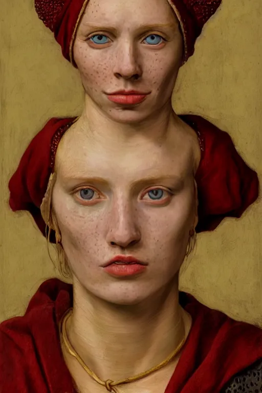 Prompt: hyperrealism extreme close-up portrait of medieval female with freckles, in red paint, pale skin, wearing huge golden crown, in style of classicism