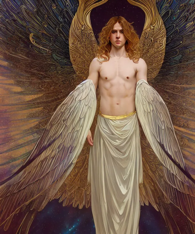 Image similar to fullbody symmetrical portrait of a beautiful young fit male angel with curly blond hairs, full dressed in long fluent clothes, majestic big dove wings, luminous halo, by greg rutkowski and alphonse mucha, gradient white to gold, in front of an iridescent background, highly detailed portrait, digital painting, artstation, concept art, smooth, sharp focus illustration