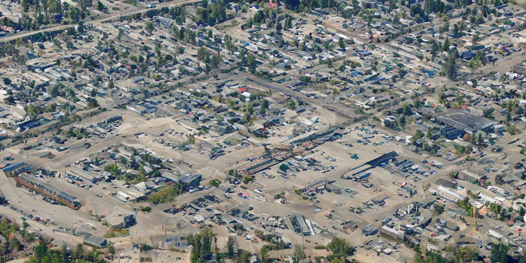 Image similar to bird's eye view of a city, trailer park, a road, bridge, and shipping dock area. town hall. photography