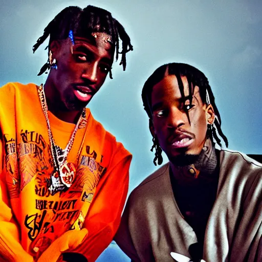 Image similar to ninja and travis scott, photograph, washed out, phone camera