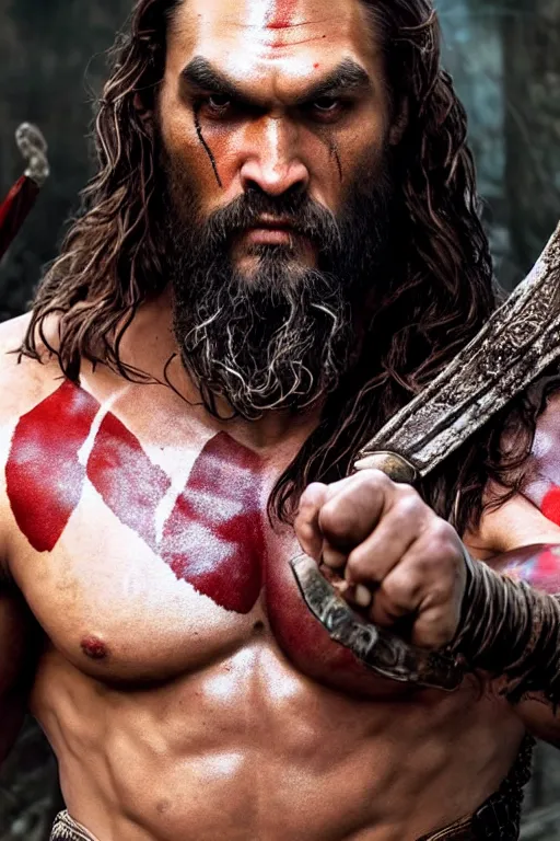 Image similar to film still from god of war, a highly detailed beautiful closeup photo of jason momoa kratos with long windblown wet hair holding a sword and fighting zombies on a pile of human skulls, spartan warrior, olympian god, muscular!,, action pose, ambient lighting, volumetric lighting, octane, fantasy