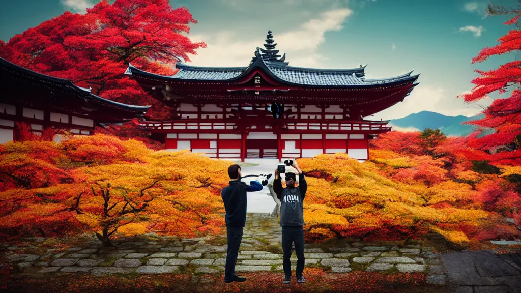 Image similar to portrait of a bearded german photographer holding up a dslr to take a photograph, at a vast temple under a vivid autumn sky, aomori japan, a collage painting, in the style of wes anderson, lola dupre, david hockney, isolated on negative white space background dark monochrome neon spraypaint accents volumetric octane render