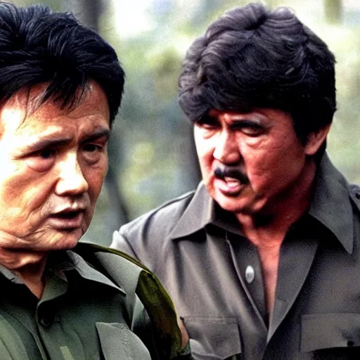 Image similar to a still of Rambo First blood with Kim Jong-il on the role of John Rambo