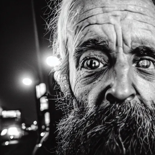 Image similar to widest fish eye lens extremely close to homeless man's face action at night