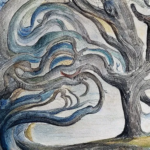 Prompt: a beautifully detailed romantic painting of a tree. A Masterpiece in the style of William Blake.