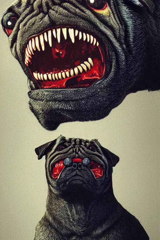 Image similar to demon pug eating flesh. art by mike winkelmann, sticker, illustration, highly detailed,