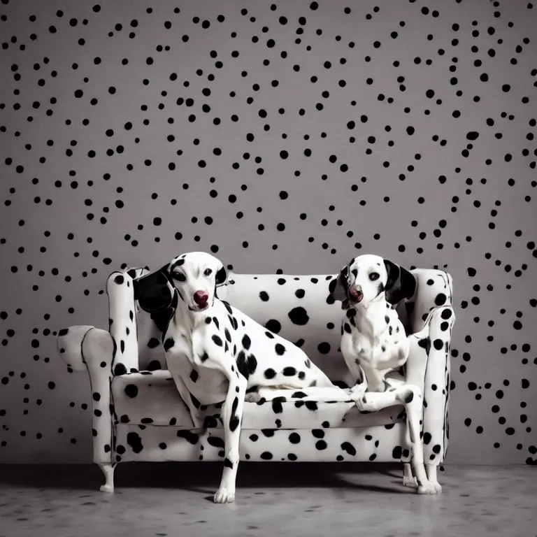 Image similar to vogue photoshoot octane render of 1 0 1 dalmatian with white background, focus bright colorful pastel exotic vintage boutique hotel lounge, very short depth of field, bokeh