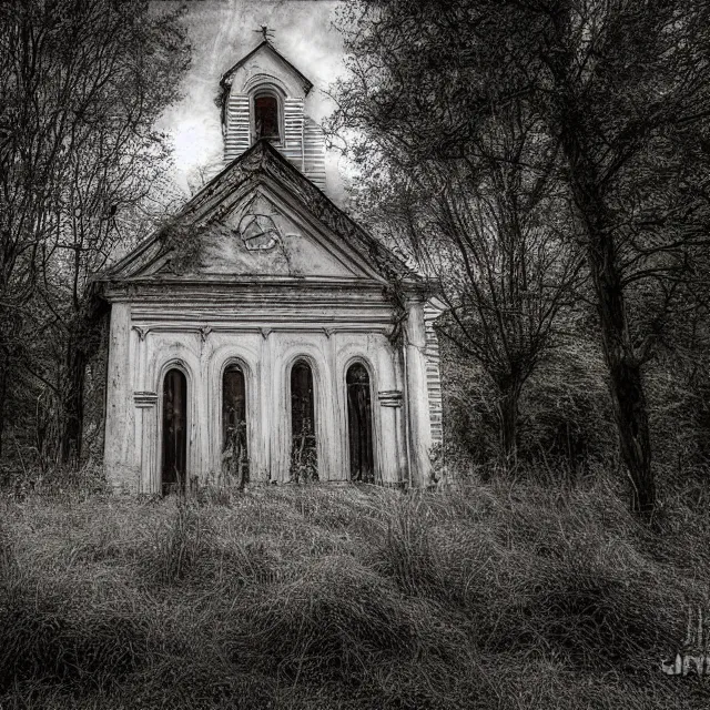 Image similar to abandoned church with overgrown vegetation, vintage infra red photograph