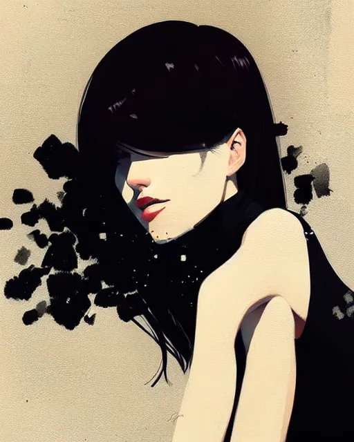 Image similar to a ultradetailed beautiful portrait panting of a stylish woman in a black dress sitting, by conrad roset, greg rutkowski and makoto shinkai trending on artstation