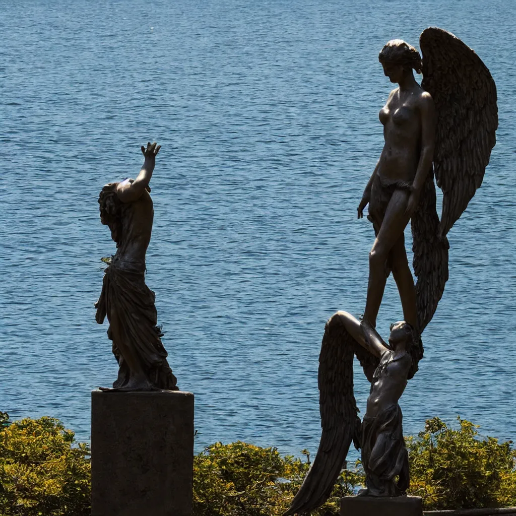 Prompt: a grieving fallen angel statue next to a lake with the sun shining on it