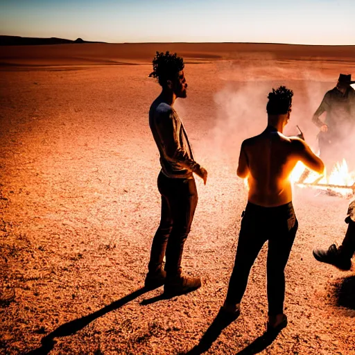 Image similar to atmospheric photograph of three fully clothed ravers, two men, one woman, photographed from behind, talking around a fire, photorealistic, dancefloor kismet, diverse costumes, clean composition, desert transition area, bonfire, night, australian desert, xf iq 4, symmetry, sony a 7 r, 1 5 0 mp, 5 0 mm