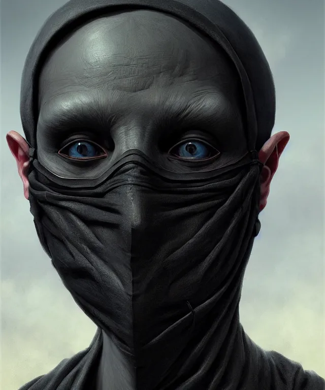 Prompt: man with black fabric mask, highly detailed face!!!, true anatomy!, extremely detailed!, digital painting, unreal engine 5, art by tom bagshaw
