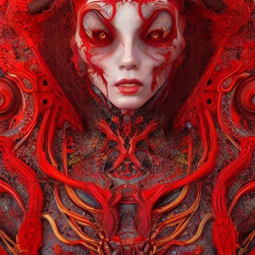 Prompt: The red female alien, intricated traditional Chinese textures, rococo decorations, hyper detail, Unreal engine,Octane render, by Karol Bak