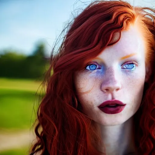 Image similar to close up portrait photograph of a thin young redhead woman with russian descent, sunbathed skin, with deep blue eyes. Wavy long maroon colored hair. she looks directly at the camera. Slightly open mouth, with a park visible in the background. 55mm nikon. Intricate. Very detailed 8k texture. Sharp. Cinematic post-processing. Award winning portrait photography. Sharp eyes.