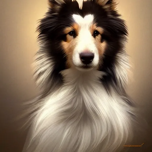 Image similar to a shetland sheepdog, elegant, highly detailed, digital painting, concept art, smooth, sharp focus, illustration, art by artgerm and greg rutkowski and alphonse mucha,artstation,deviantart,FAN ART,Unreal Engine,face enhance,8K,golden ratio,cinematic lighting H 704