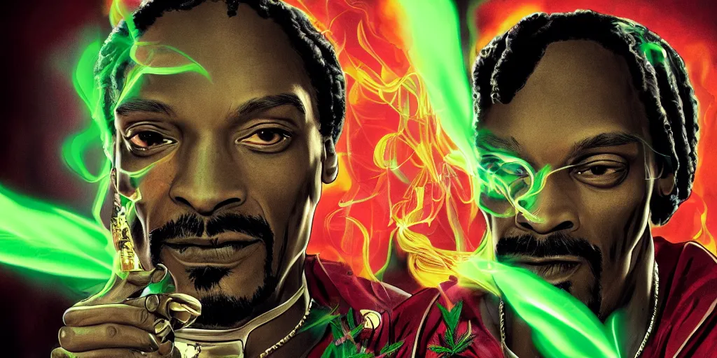 Image similar to snoop dogg doctor strange, smoke weed, marijuana, marijuana leaves, green light, highly detailed, environmental light, cinematic by francis tneh