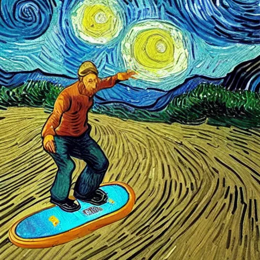 Image similar to Van Gogh skateboarding in the style of Van Gogh