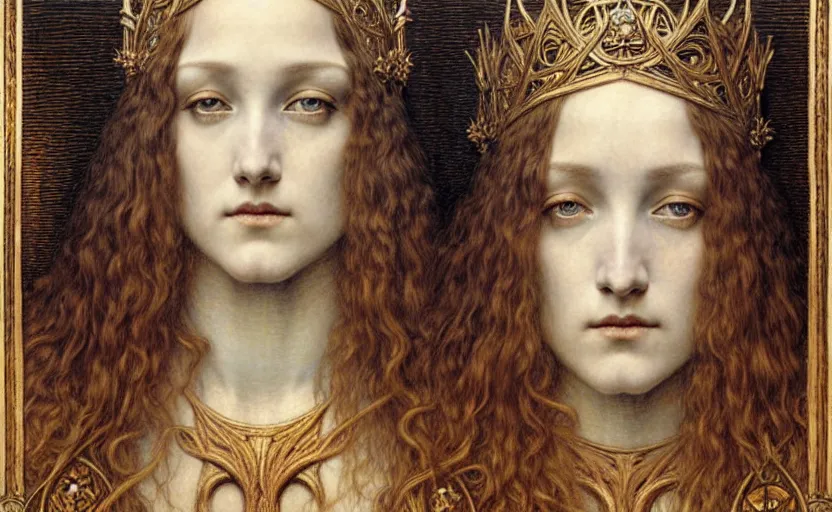 Image similar to detailed realistic beautiful young medieval queen face portrait by jean delville, gustave dore and marco mazzoni, art nouveau, symbolist, visionary, gothic, pre - raphaelite. horizontal symmetry