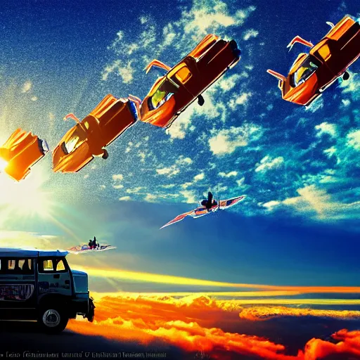 Image similar to a fleet of flying philippine jeepney above the clouds, lens flare, wide shot, digital art