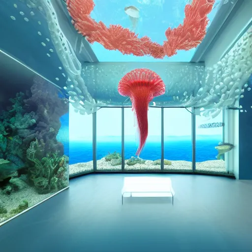 Image similar to the realistic photo of the modern room as aquarium with a chandelier as a big jellyfish, beautiful corals on the walls and sharks in the big panoramic window, under the ocean, realistic colors, realistic shadows, daylight made in blender, hd, 3 d by beeple and damian hirst