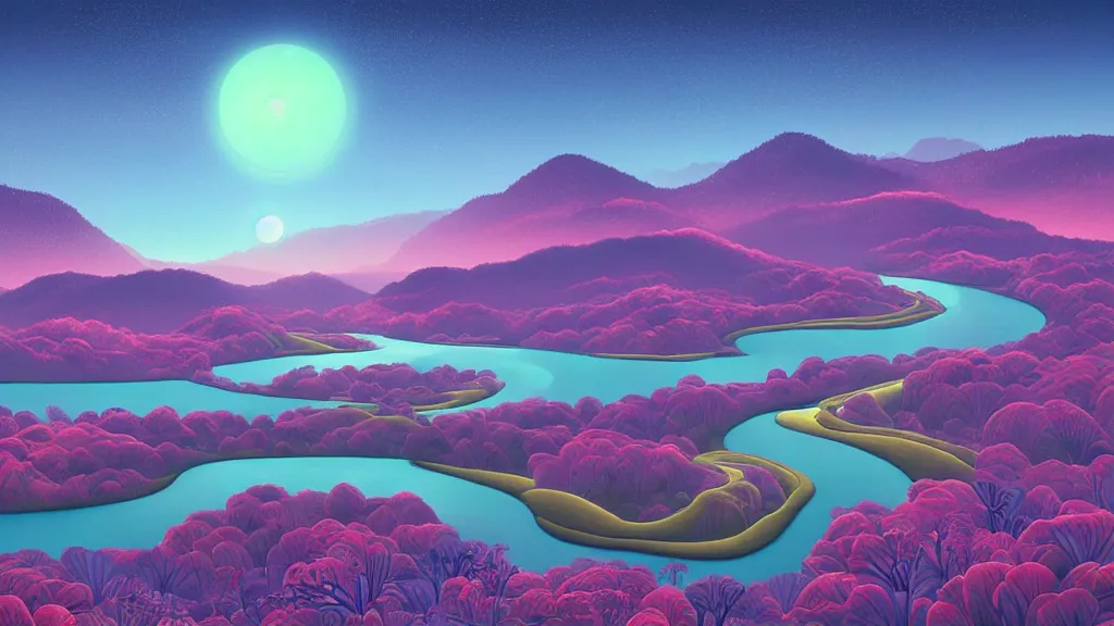 Image similar to digital painting of a lush sinuous river valley by. river. sunset. no mans sky. chiho aoshima. digital render. detailed. beautiful landscape.