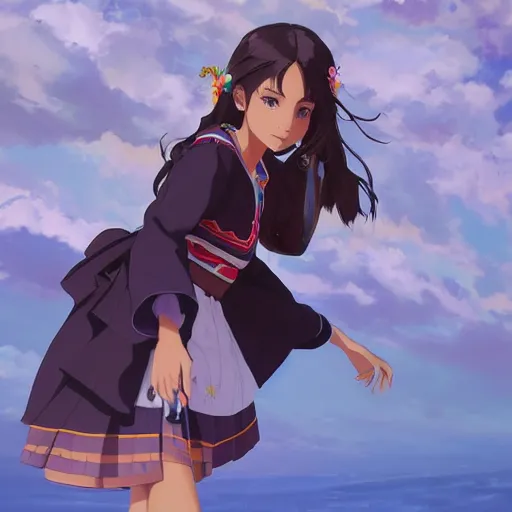 Image similar to a beautiful women instagram model, brown skin, wearing elegant catholic school girl designer fashion with mayan pattern and native style, aztec street fashion, gapmoe yandere grimdark, trending on pixiv fanbox, painted by greg rutkowski makoto shinkai takashi takeuchi studio ghibli, akihiko yoshida