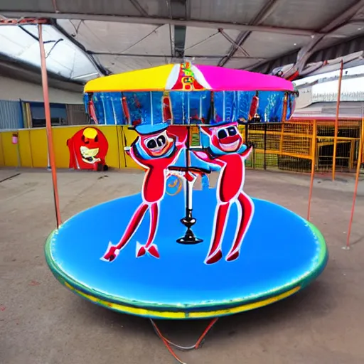 Prompt: dancing laughing clowns, fairground airbrush art on fairground equipment