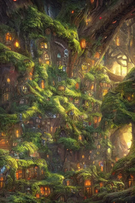 Prompt: a miniature city built into the trunk of a single colossal tree in the forest, with tiny people, in the style of tyler edlin, lit windows, close - up, low angle, wide angle, awe - inspiring, highly detailed digital art