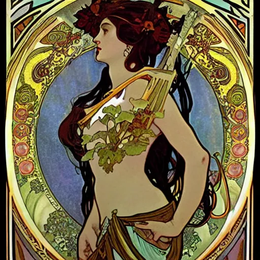 Image similar to persephone as goddess of the underworld, painted by alphonse mucha