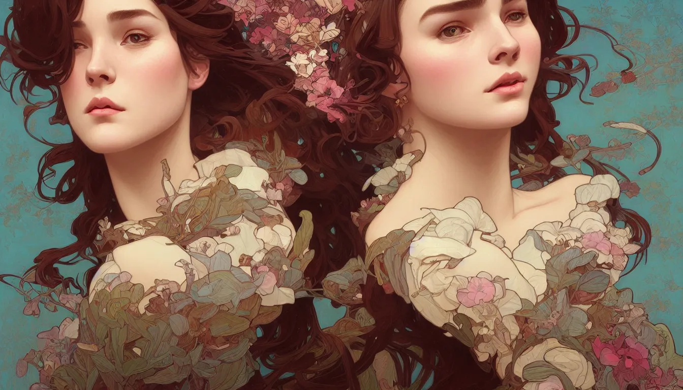 Prompt: excellent painted portrait of one pretty girl with upturned nose, high quality masterpiece painted, patterned background, 4 k, trending on artstation, octane render, art by james jean and artgerm and greg rutkowski and alphonse mucha and craig mullins and james jean and andrei riabovitchev and marc simonetti and peter mohrbacher