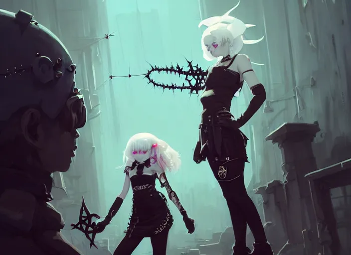 Image similar to two cute goth maiden girls with crown of thorns and white short hairs, dressed in leather belts, warhammer, cyberpunk, by atey ghailan, by greg rutkowski, by greg tocchini, by james gilleard, by joe gb fenton, by kaethe butcher, dynamic lighting, gradient light blue, brown, blonde cream and white color in scheme, grunge aesthetic