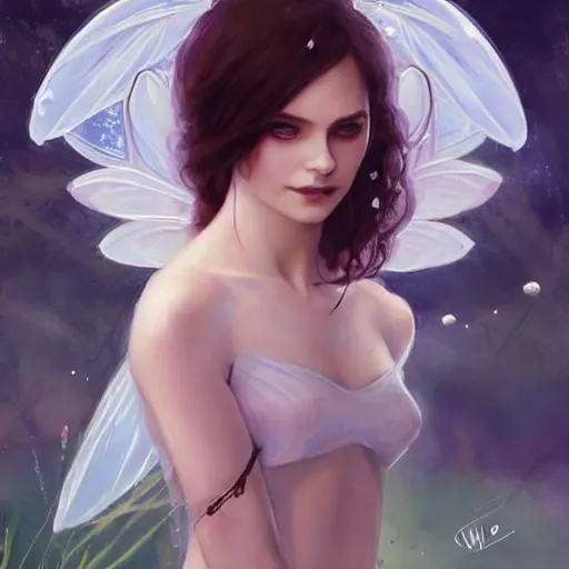 Prompt: very very very beautiful fairy princess with fairy wings, bare midriff, one foot raised off the ground, full body portrait, eye contact, smiling, flirty, perfect face, perfect body, drawn by charlie bowater and john william waterhouse