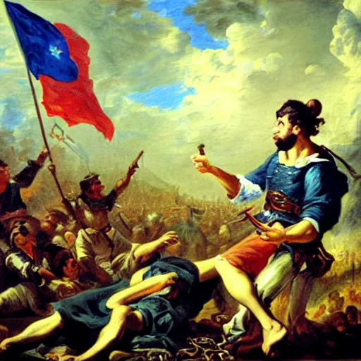 Prompt: a painting of a facebook engineer programming a continuous integration system in the style of delacroix\'s liberty leading the people