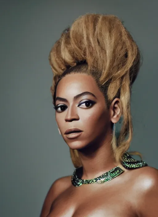 Image similar to music video still of beyonce styled by nick knight posing, showstudio, face close up, vogue magazine, canon, highly realistic. high resolution. highly detailed. dramatic. 8 k. 4 k.