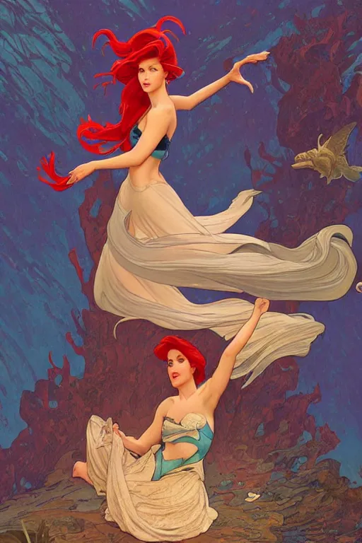 Image similar to Ariel in The Little Mermaid, highly detailed, digital painting, artstation, concept art, smooth, sharp focus, illustration, ArtStation, art by artgerm and greg rutkowski and alphonse mucha and J. C. Leyendecker and Edmund Blair Leighton and Katsuhiro Otomo and Geof Darrow and Phil hale and Ashley wood and Ilya repin and Charlie Bowater