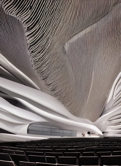 Image similar to large auditorium filled with lots of seats, an abstract sculpture by zaha hadid, featured on cgsociety, light and space, biomorphic, imax, intricate patterns