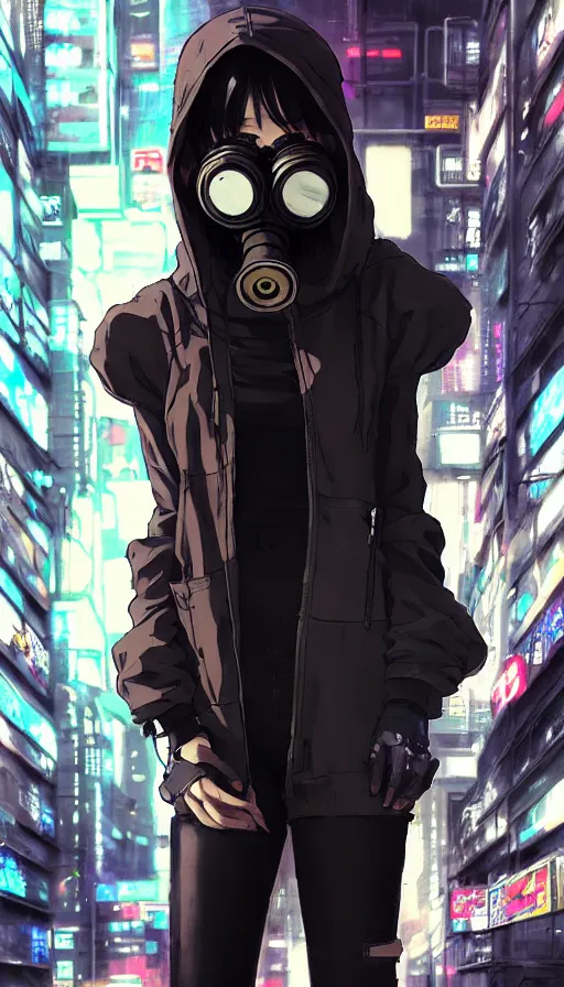 Image similar to cyberpunk anime girl in hoodie, cyberpunk gas mask, 3 / 4 shot, street night, grafity, beautiful face, grafity, arcane, action, tokyo street, detail, good face, pose model, concept art, in style of yoji shinkawa, pan ren wei, col price, atey ghailan, by greg rutkowski, aesthetic